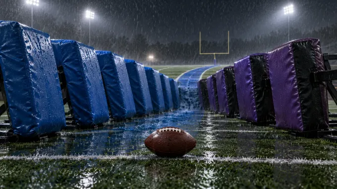 Original editorial illustration of a football on a rain-soaked field between BYU-blue and TCU-purple blocking pads.