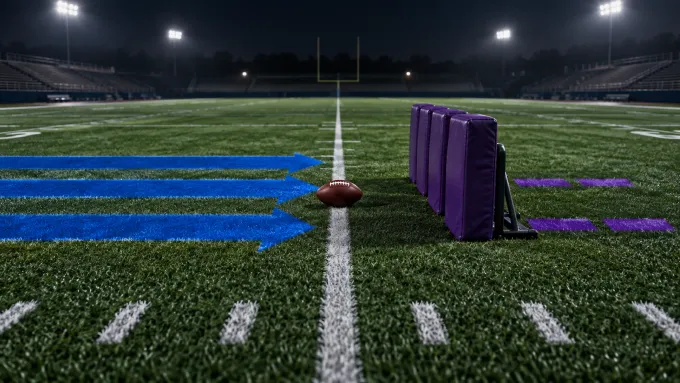 Original editorial illustration of three royal-blue rushing lanes meeting a purple defensive wall beside one football on an empty field.