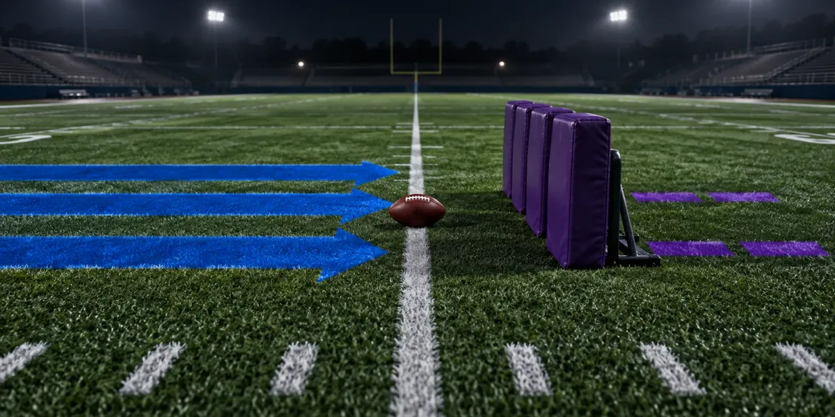 Original editorial illustration of three royal-blue rushing lanes meeting a purple defensive wall beside one football on an empty field.