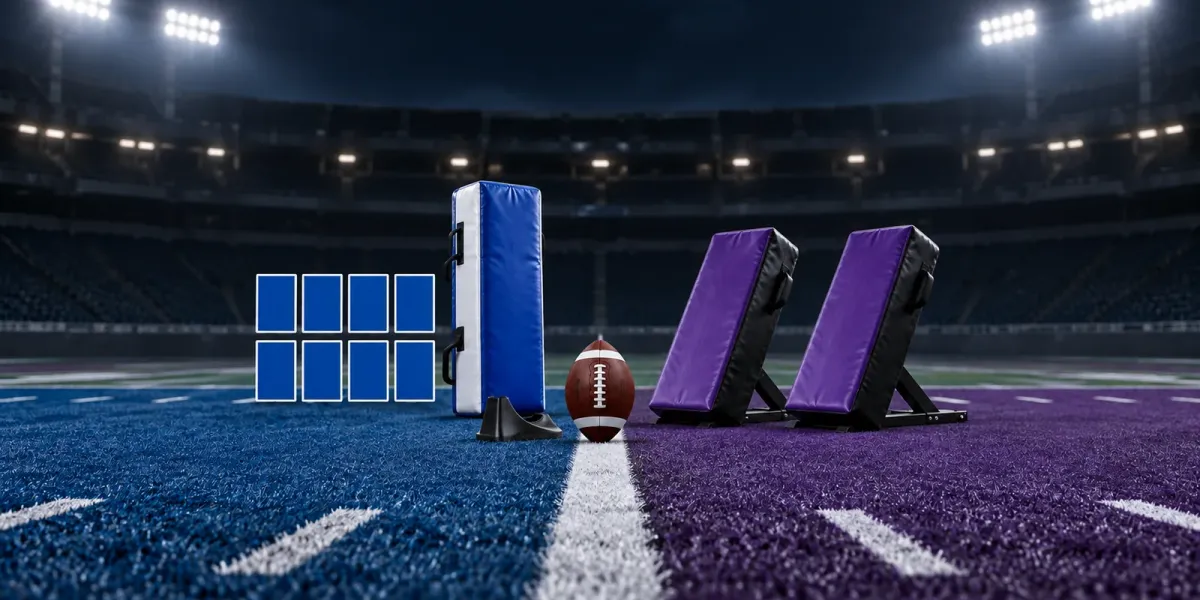 Original editorial image of eight blank blue roster markers, a blue blocking pad and kickoff tee opposite two purple rush pads around one football.