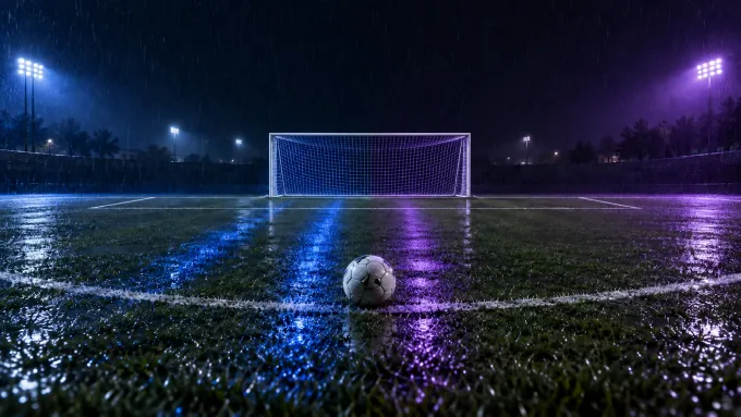 Original editorial image of one soccer ball on a rain-darkened field split between BYU blue and TCU purple before an empty goal.