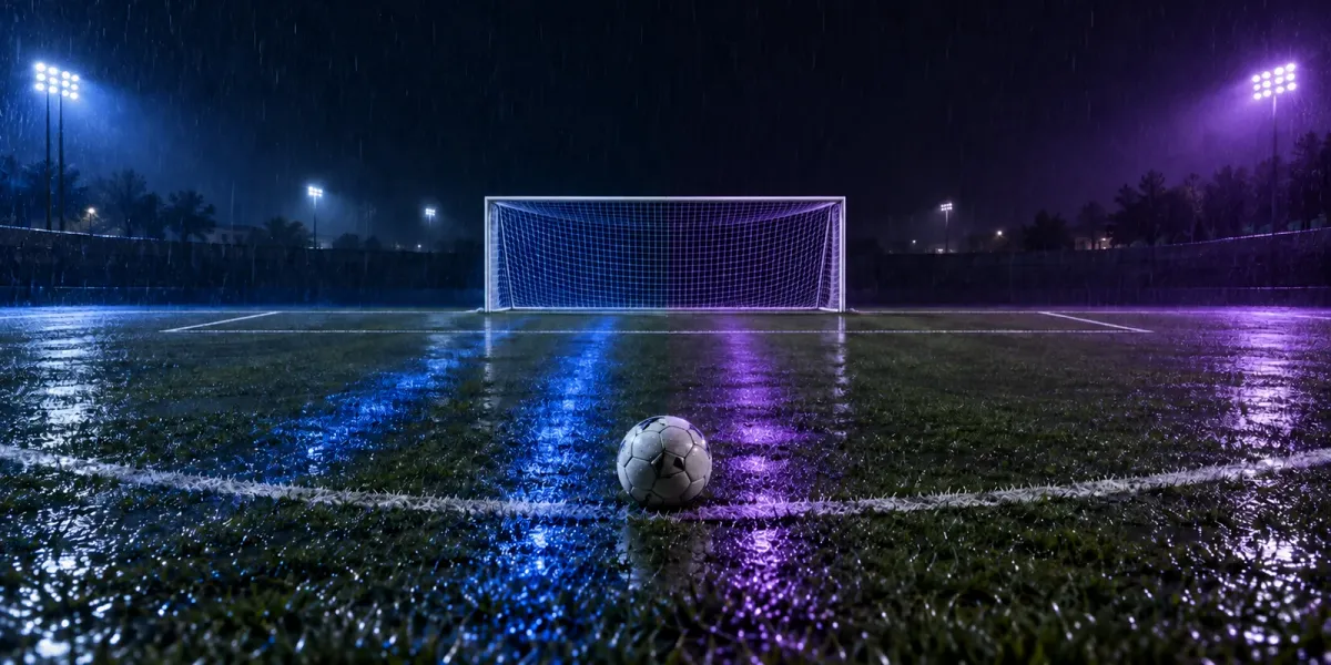 Original editorial image of one soccer ball on a rain-darkened field split between BYU blue and TCU purple before an empty goal.
