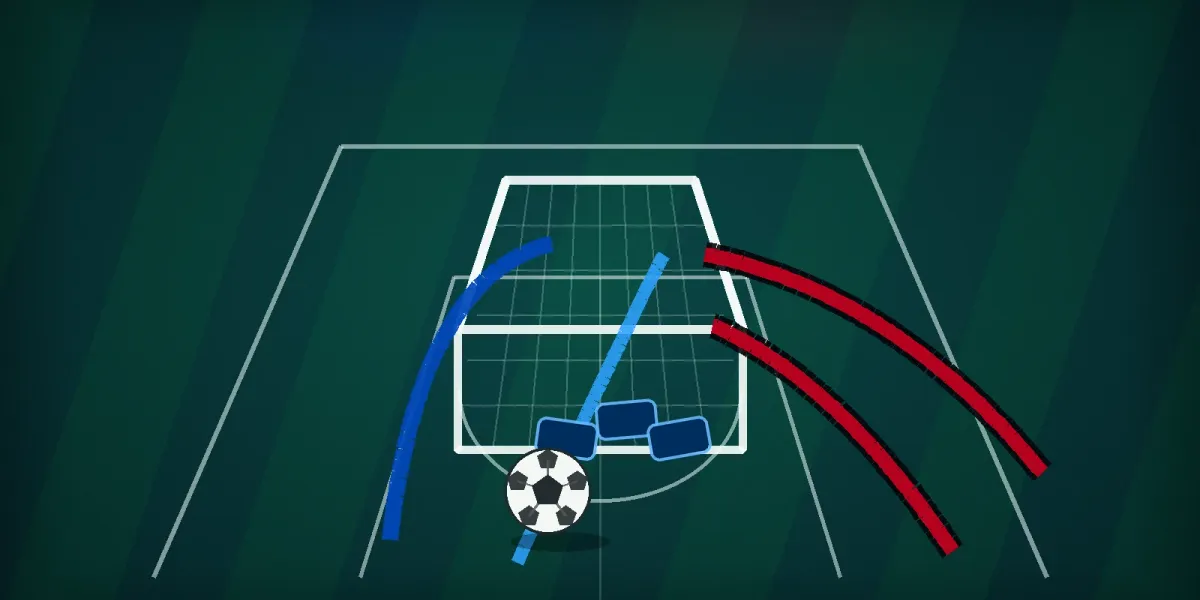 Original editorial image of a soccer ball, goal, two blue scoring routes and two scarlet pressure lanes on a field split between BYU and Texas Tech colors.