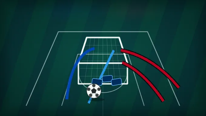 Original editorial image of a soccer ball, goal, two blue scoring routes and two scarlet pressure lanes on a field split between BYU and Texas Tech colors.
