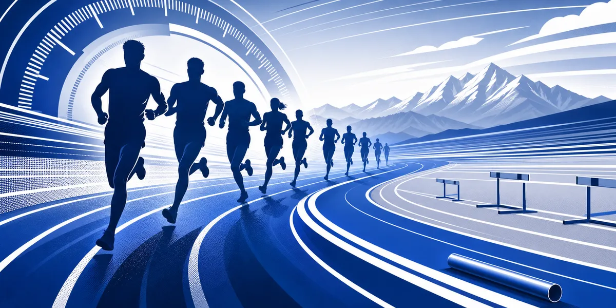 Abstract navy and royal track lanes, stopwatch arcs and distance runner silhouettes, created for BYU Sport Nuts.