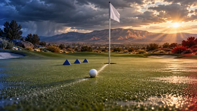 Original editorial image of a rain-cleared Albuquerque golf green split between BYU blue and New Mexico cherry and silver, with one ball, one cup and three blue markers.
