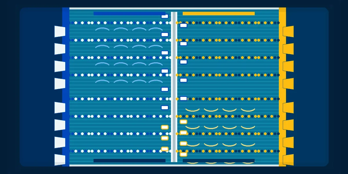 Original overhead pool illustration with BYU royal and navy lanes facing UC Santa Barbara navy and gold lanes across a central finish wall.