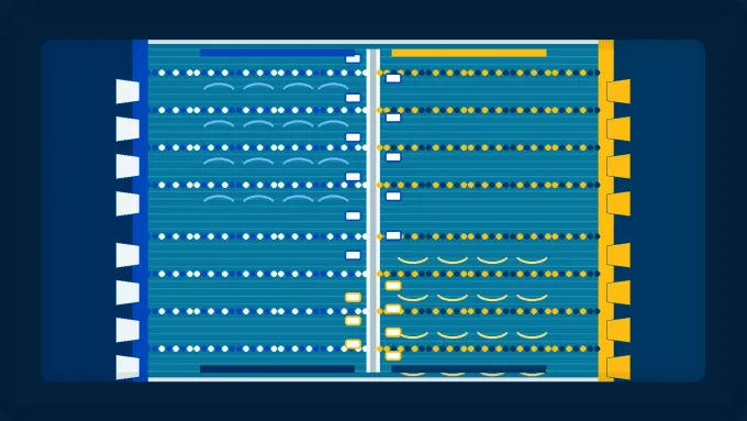 Original overhead pool illustration with BYU royal and navy lanes facing UC Santa Barbara navy and gold lanes across a central finish wall.