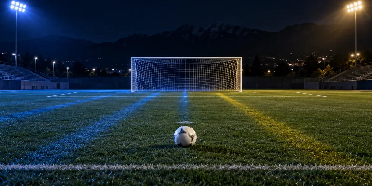 Original editorial image of one soccer ball before an empty goal on a night field split between BYU blue and UCF black and gold.