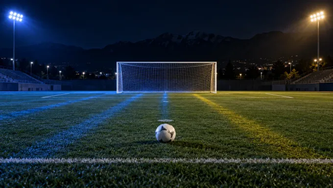 Original editorial image of one soccer ball before an empty goal on a night field split between BYU blue and UCF black and gold.