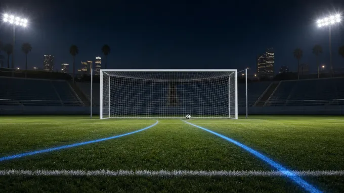 Original editorial illustration of two blue attacking routes converging on a soccer goal and ball in an empty stadium at night.