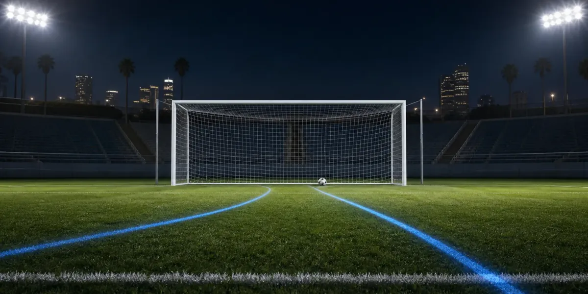 Original editorial illustration of two blue attacking routes converging on a soccer goal and ball in an empty stadium at night.