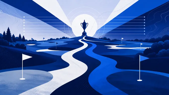 Abstract navy and royal golf course art with qualifying paths and national amateur markers, created for BYU Sport Nuts.