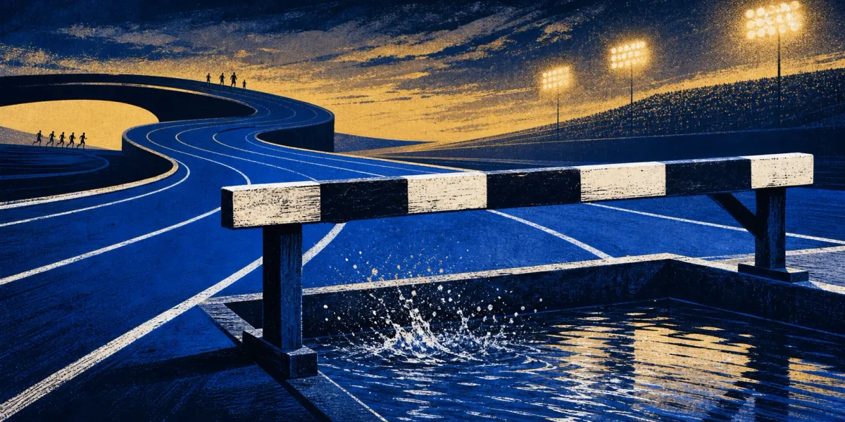 Original abstract illustration of a navy and royal blue track curving toward a steeplechase barrier and water pit under stadium lights.