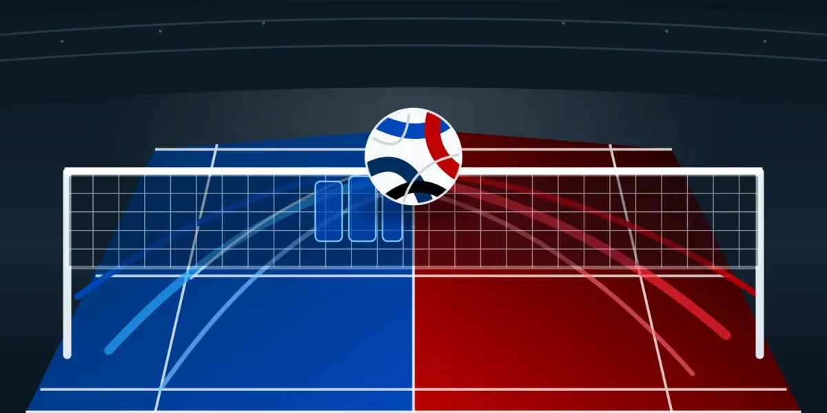 Original editorial illustration of one volleyball above a split blue and red court, with blue attack lanes meeting red service trails across the net.