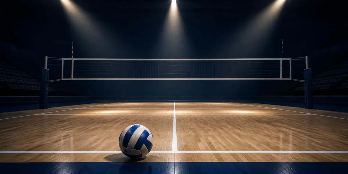 Original editorial illustration of an empty navy volleyball court with one ball beneath three arena lights.