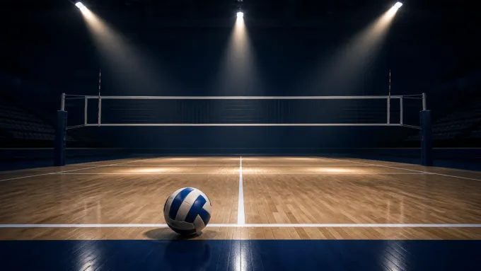 Original editorial illustration of an empty navy volleyball court with one ball beneath three arena lights.