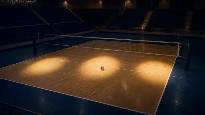 Original editorial illustration of an empty navy volleyball arena with three pools of light and one ball at center court.