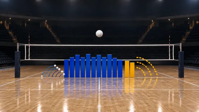 Original editorial image of one volleyball above an empty court, with eleven blue blocking tiles opposite two gold tiles and three broken gold attack paths.