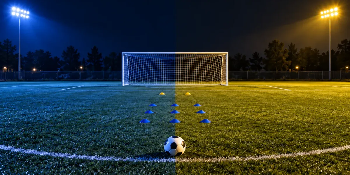 Original editorial image of one soccer ball, nine blue markers and two gold markers on an empty field split between BYU blue and West Virginia gold.