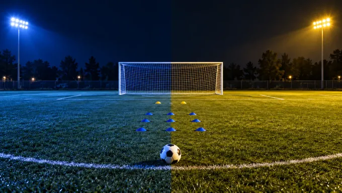 Original editorial image of one soccer ball, nine blue markers and two gold markers on an empty field split between BYU blue and West Virginia gold.