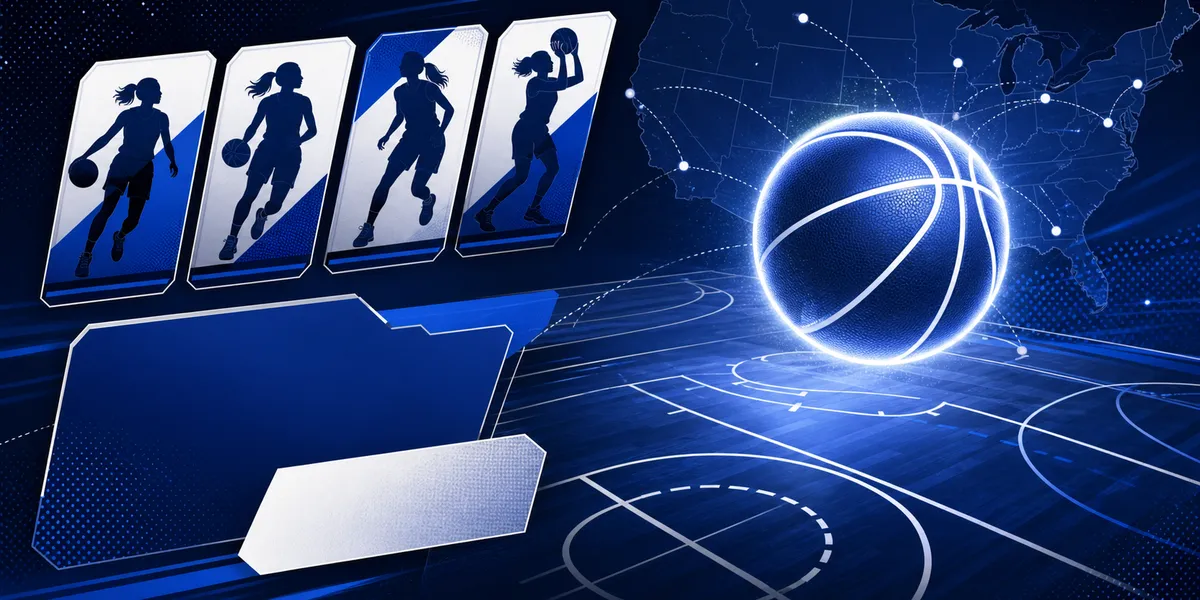 Abstract navy women's basketball court graphic with roster cards and travel-map dots, created for BYU Sport Nuts.