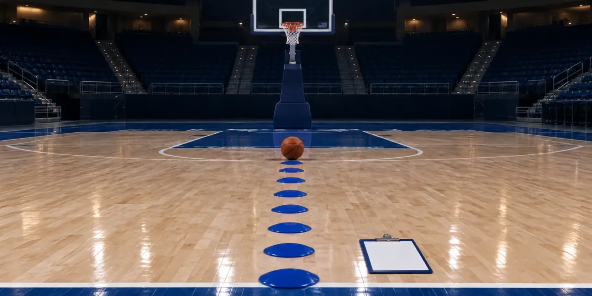 Original basketball art with one ball, seven blue floor markers, a blank clipboard and an empty hoop in a dark arena.