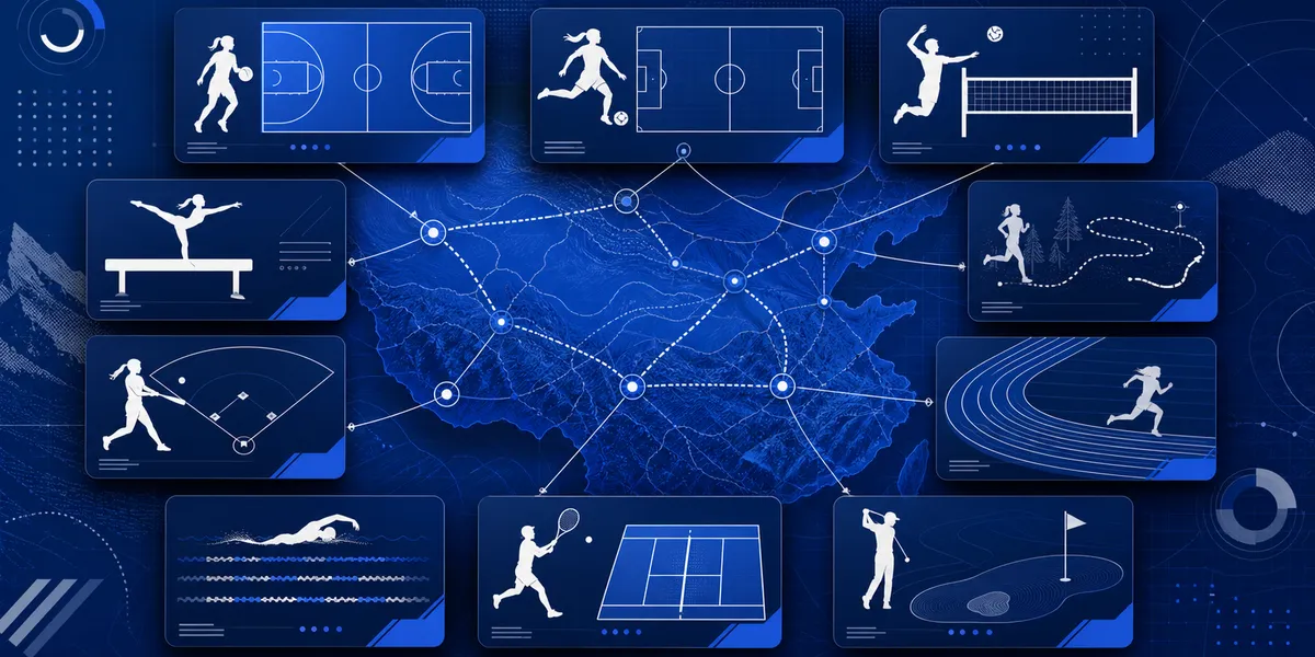 Abstract BYU navy graphic for women's sports roster coverage.
