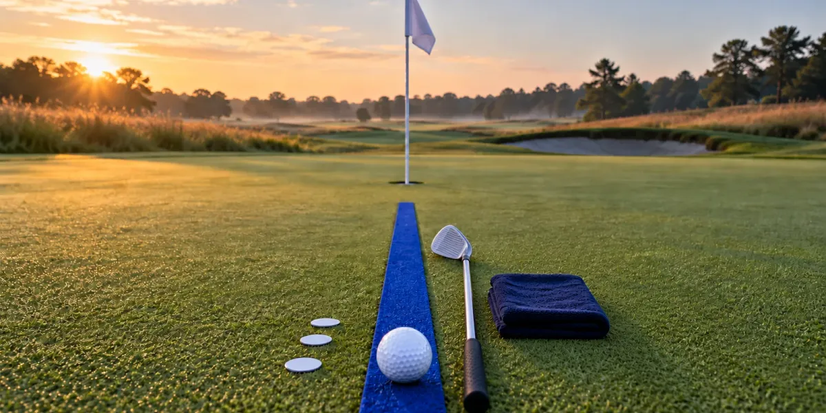 Original editorial image of one golf ball on a royal-blue alignment strip beside three blank markers, a navy towel and one iron aimed toward an empty cup.