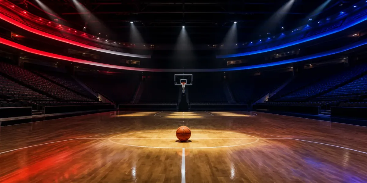 Original editorial illustration of a basketball on an empty court under red, white and blue arena lights.
