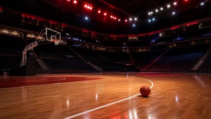 Original editorial illustration of one basketball on an empty arena court under red and white lights.