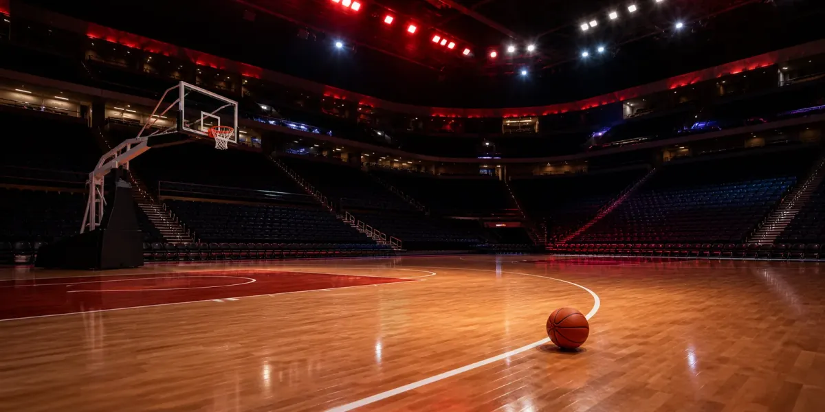 Original editorial illustration of one basketball on an empty arena court under red and white lights.
