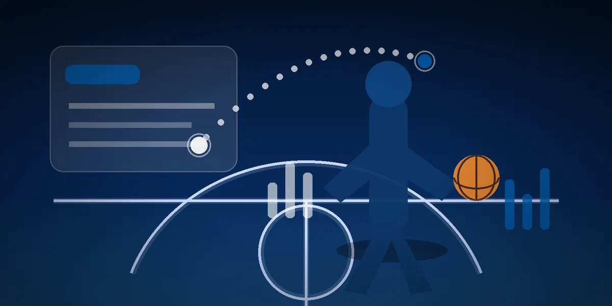 Abstract navy and royal basketball court graphic with a European travel line and a tall guard silhouette, created for BYU Sport Nuts.