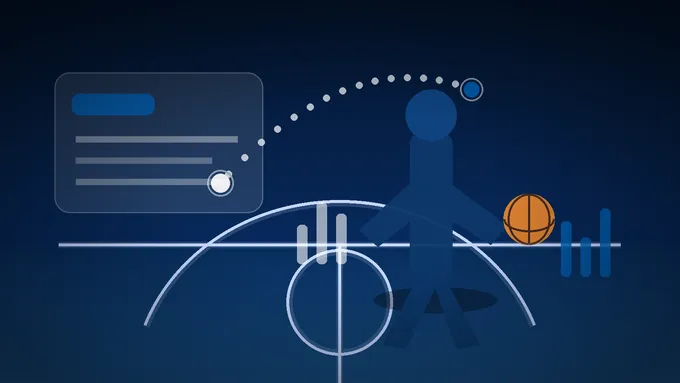 Abstract navy and royal basketball court graphic with a European travel line and a tall guard silhouette, created for BYU Sport Nuts.