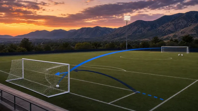 Original editorial illustration of two blue soccer routes converging on a goal at sunset.
