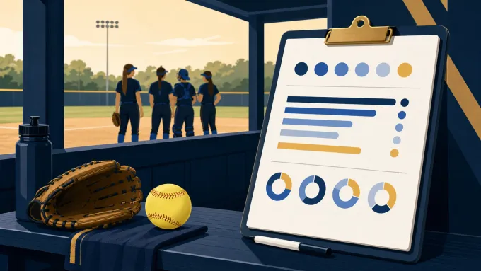Original flat illustration of a softball dugout with generic players, a glove, ball and blank player-development charts on a clipboard.