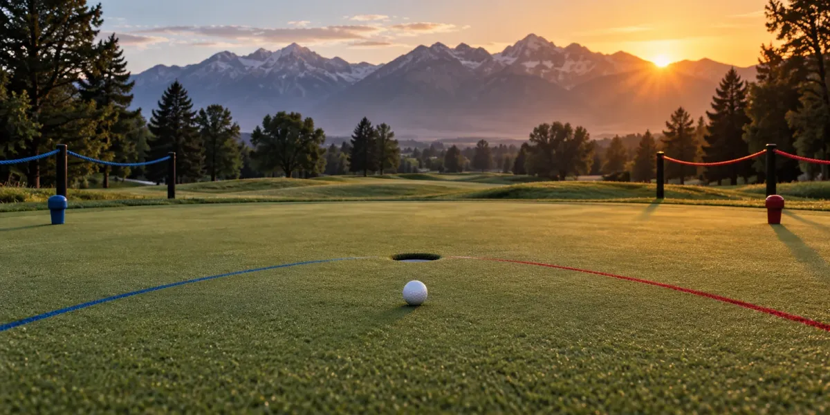 Original editorial image of an empty mountain golf green split by blue and red match-play lines approaching one ball and cup.