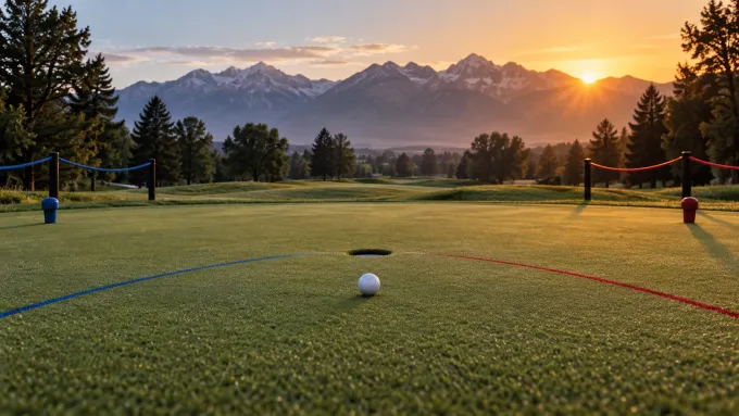 Original editorial image of an empty mountain golf green split by blue and red match-play lines approaching one ball and cup.