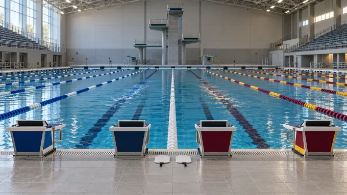 Original editorial image of an empty competition pool split between BYU blue lanes and Colorado Mesa maroon and gold lanes beneath a diving tower.