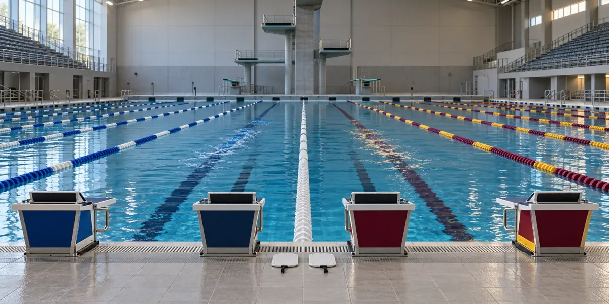 Original editorial image of an empty competition pool split between BYU blue lanes and Colorado Mesa maroon and gold lanes beneath a diving tower.