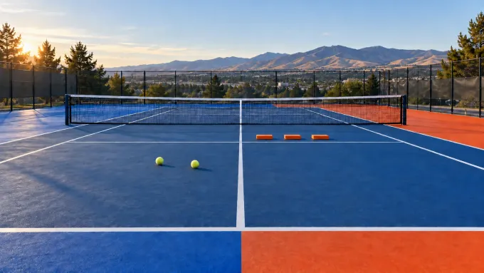 Original editorial image of two tennis balls on a royal and navy court facing three orange markers on a blue and orange court in Boise.