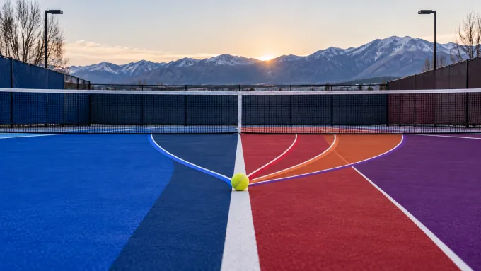 Original editorial image of one tennis ball where a blue court meets crimson, orange and purple tournament lanes in front of Utah mountains.