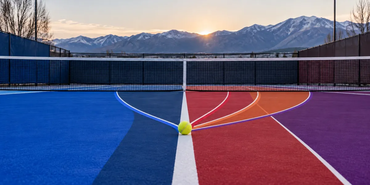 Original editorial image of one tennis ball where a blue court meets crimson, orange and purple tournament lanes in front of Utah mountains.