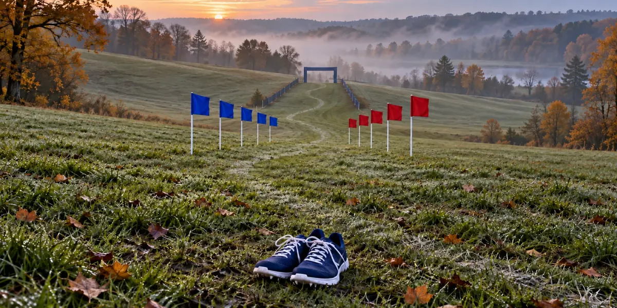 Original editorial image of a frosty cross-country course with five blue flags opposite five red flags and unbranded racing shoes in the foreground.