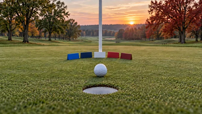 Original editorial image of an empty golf green split between BYU blue and Oklahoma crimson, with five blank score markers around the cup.