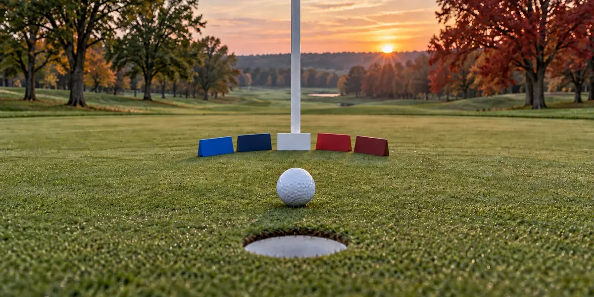 Original editorial image of an empty golf green split between BYU blue and Oklahoma crimson, with five blank score markers around the cup.
