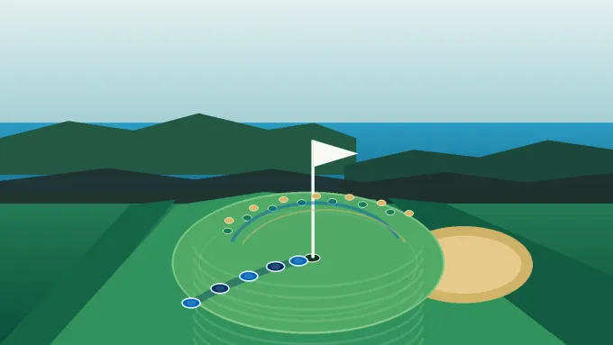 Original editorial illustration of a coastal golf green with five BYU-blue markers and 14 green-and-gold tournament markers beside the ocean.