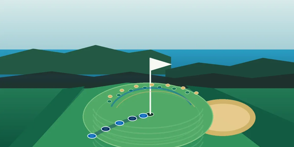 Original editorial illustration of a coastal golf green with five BYU-blue markers and 14 green-and-gold tournament markers beside the ocean.