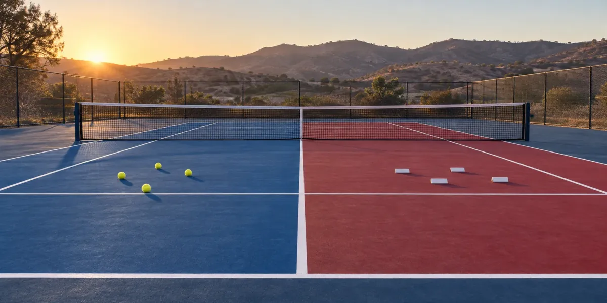 Original editorial image of four tennis balls on the blue half of an empty court facing a red and blue half at sunrise.