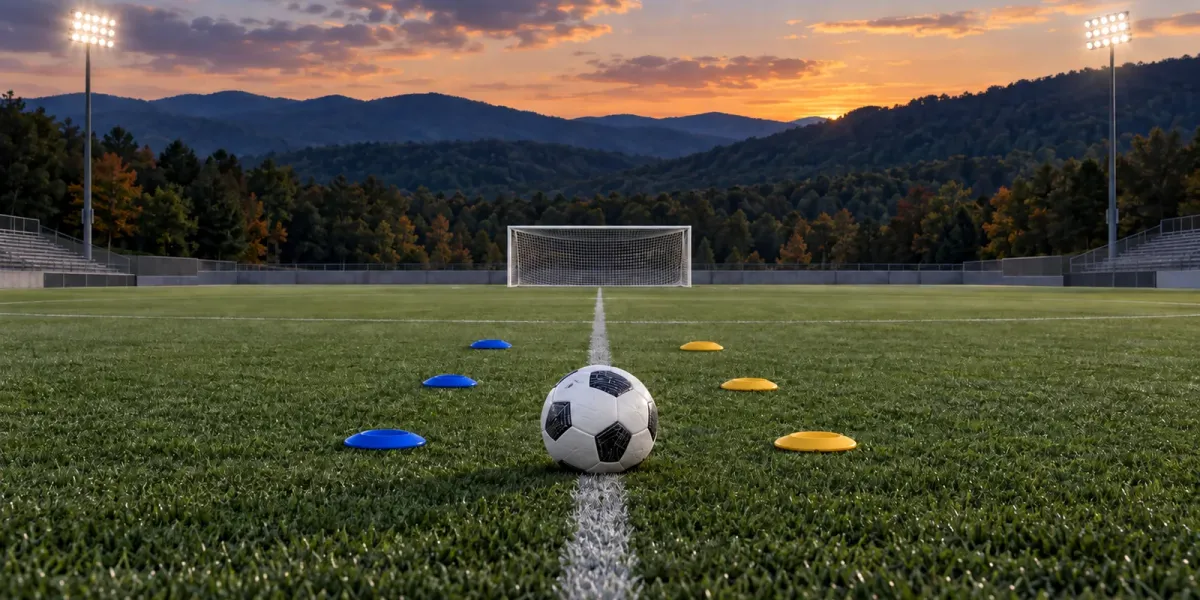 Original editorial image of one soccer ball before an empty Appalachian stadium goal, with three BYU-blue markers facing three West Virginia-gold markers.